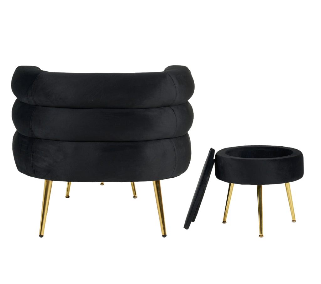 Poltrona Camera da Letto e Salotto in Velluto con Poggiapiedi Contenitore - Poltroncina Relax Moderna con Gambe in Metallo Placcato Oro - Design Moderno, Seduta Morbida con Cuscino - Sedia in Velluto - Nero