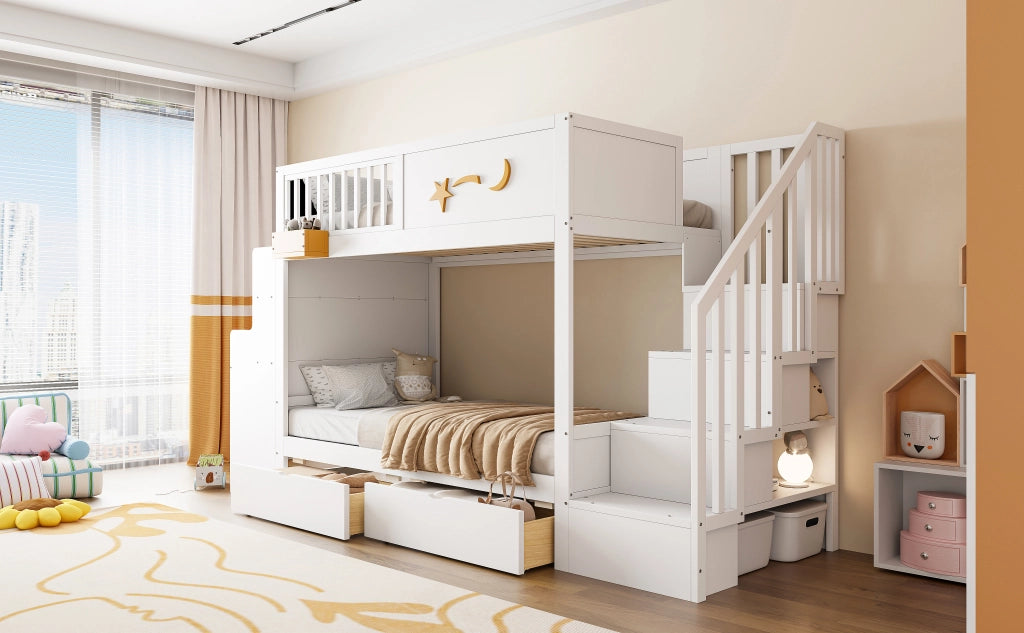 Letto a castello per bambini 90 x 200 cm bianco; legno massiccio di pino; cassetti; scale di sicurezza; scrivania e motivo a stella