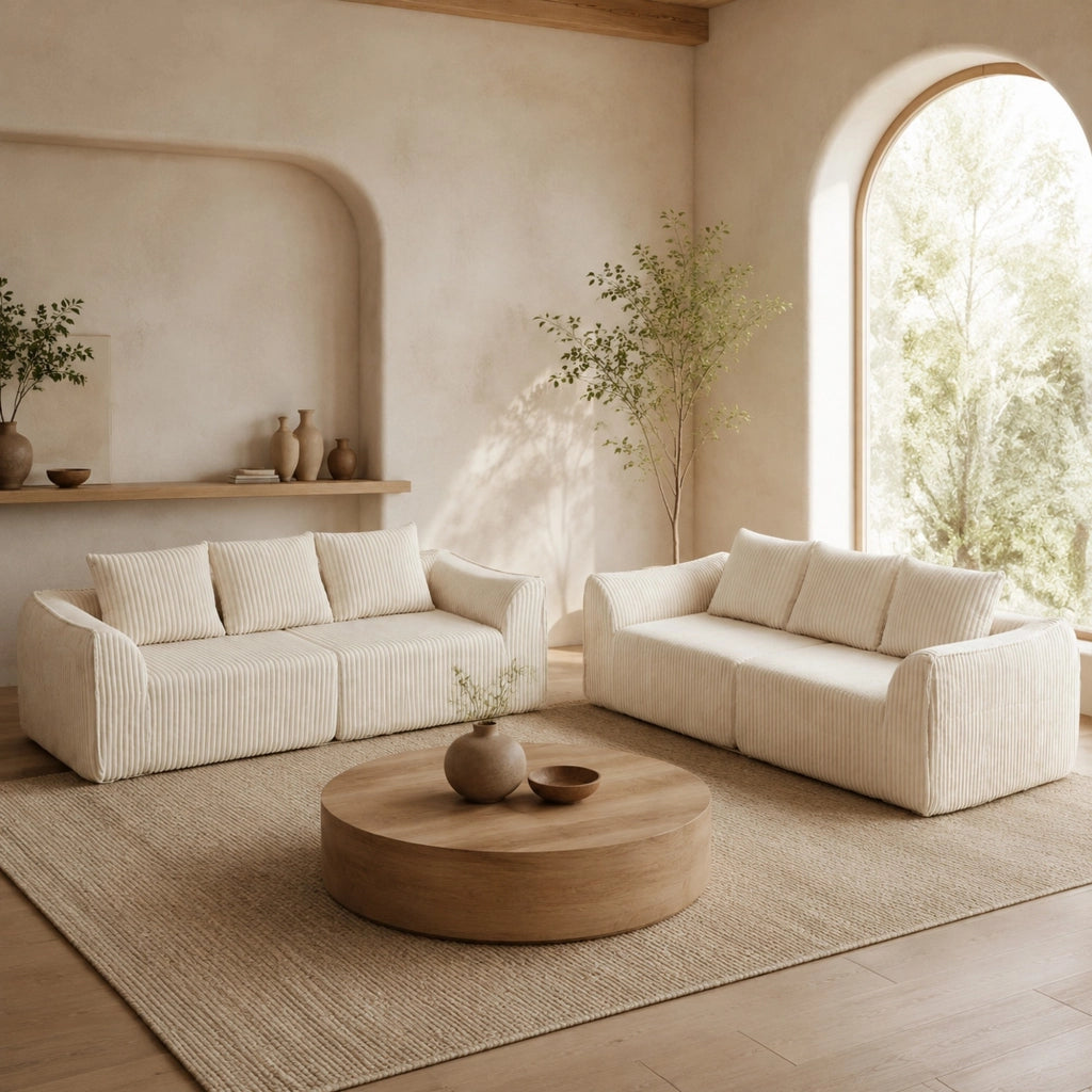 Divano modulare in velluto a coste beige con schienale e braccioli curvi senza montaggio