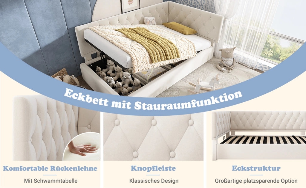 DESMIU Letto Divano 90 × 190 cm 1 posto con contenitore idraulico, senza materasso, in velluto, beige