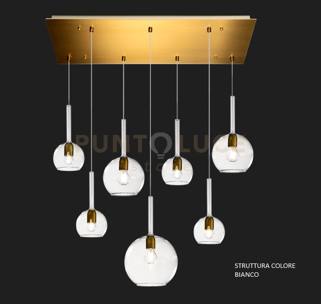 SOSP. BIANCO RETTANGOLARE 7 LUCI VETRI (1 GRANDE+2 MEDIO +4 PICCOLO) TUTTI TRASPARENTI 1155BI-S7 RMIX-TR