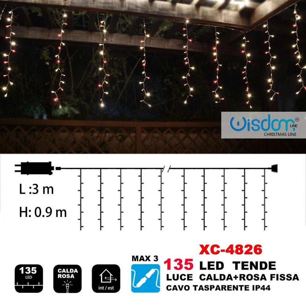 Trade Shop - Tenda Luminosa Natalizia 135led Luce Calda + Rosa Fissa Cavo Trasparente Xc-4826 -