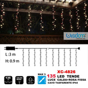 Trade Shop - Tenda Luminosa Natalizia 135led Luce Calda + Rosa Fissa Cavo Trasparente Xc-4826 -