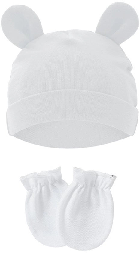 Set per neonati con cappuccio e guantini, protezioni auricolari di cotone con funzione antigraffio, adatti per bambini da 0-1 anno, diametro massimo 15,5 cm, Bianco
