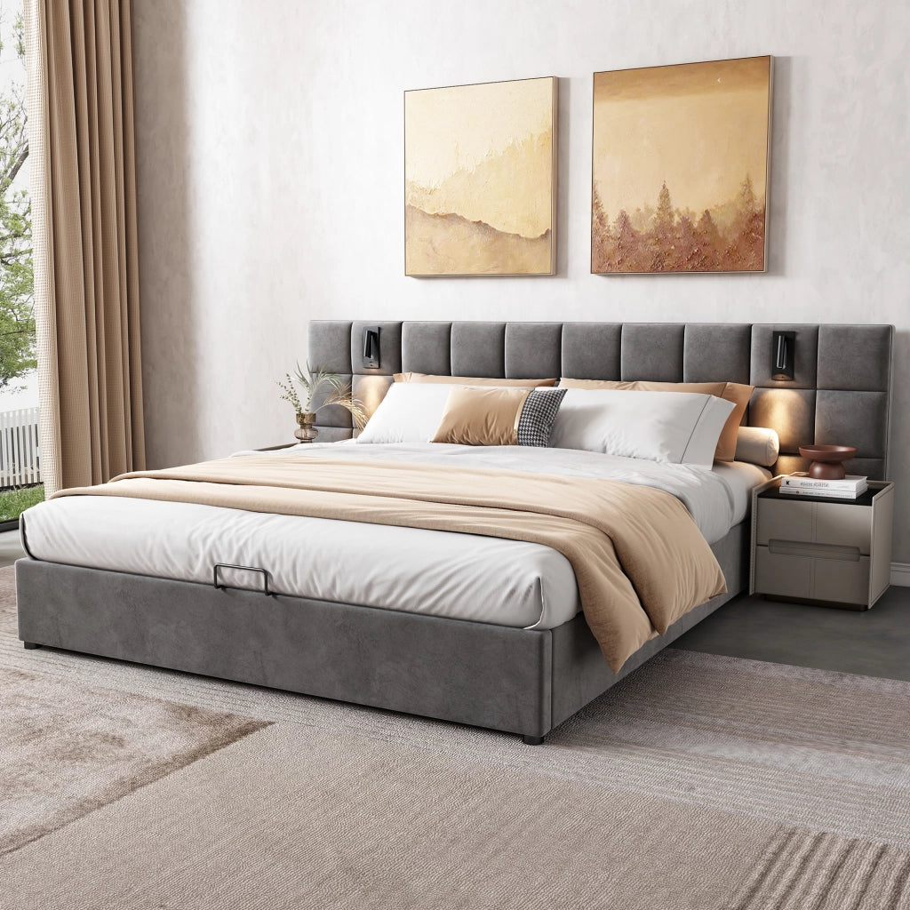 Letti contenitori 180x200 cm; contenitore con luce da lettura USB; acciaio grigio (Senza materasso)