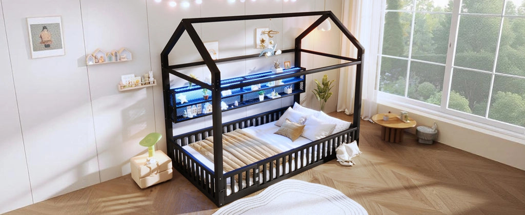 DESMIU Letto a Casetta per Bambini 1 Posto con Sponda e LED 90 × 200 cm, senza materasso, in Metallo, Nero