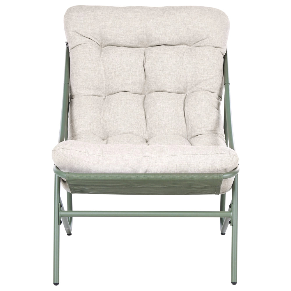 Set da esterno: struttura in acciaio verde e beige, sedute in tessuto divano a due posti con poltrone e tavolino