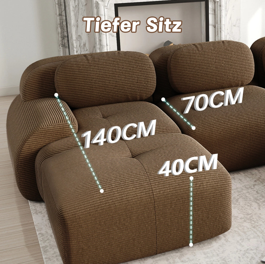 Divano angolare modulare senza montaggio in velluto a coste marrone; design ergonomico