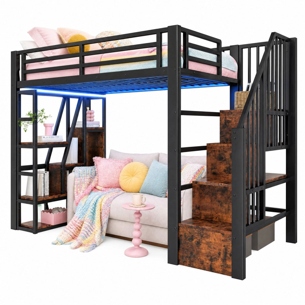 Letto a soppalco 90x200 cm in metallo e MDF con LED; scala contenitore e protezioni; nero