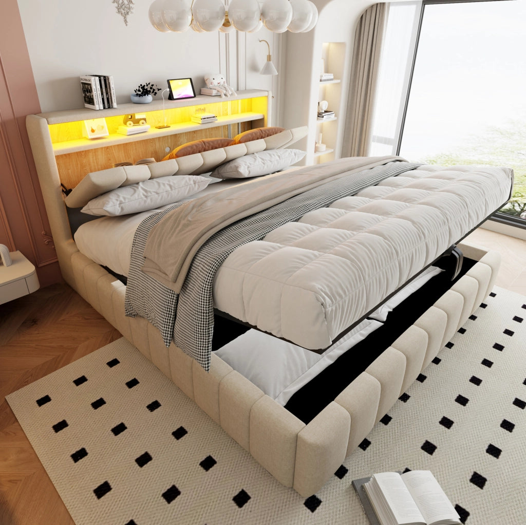 Letto imbottito beige con contenitore idraulico, LED e ricarica USB