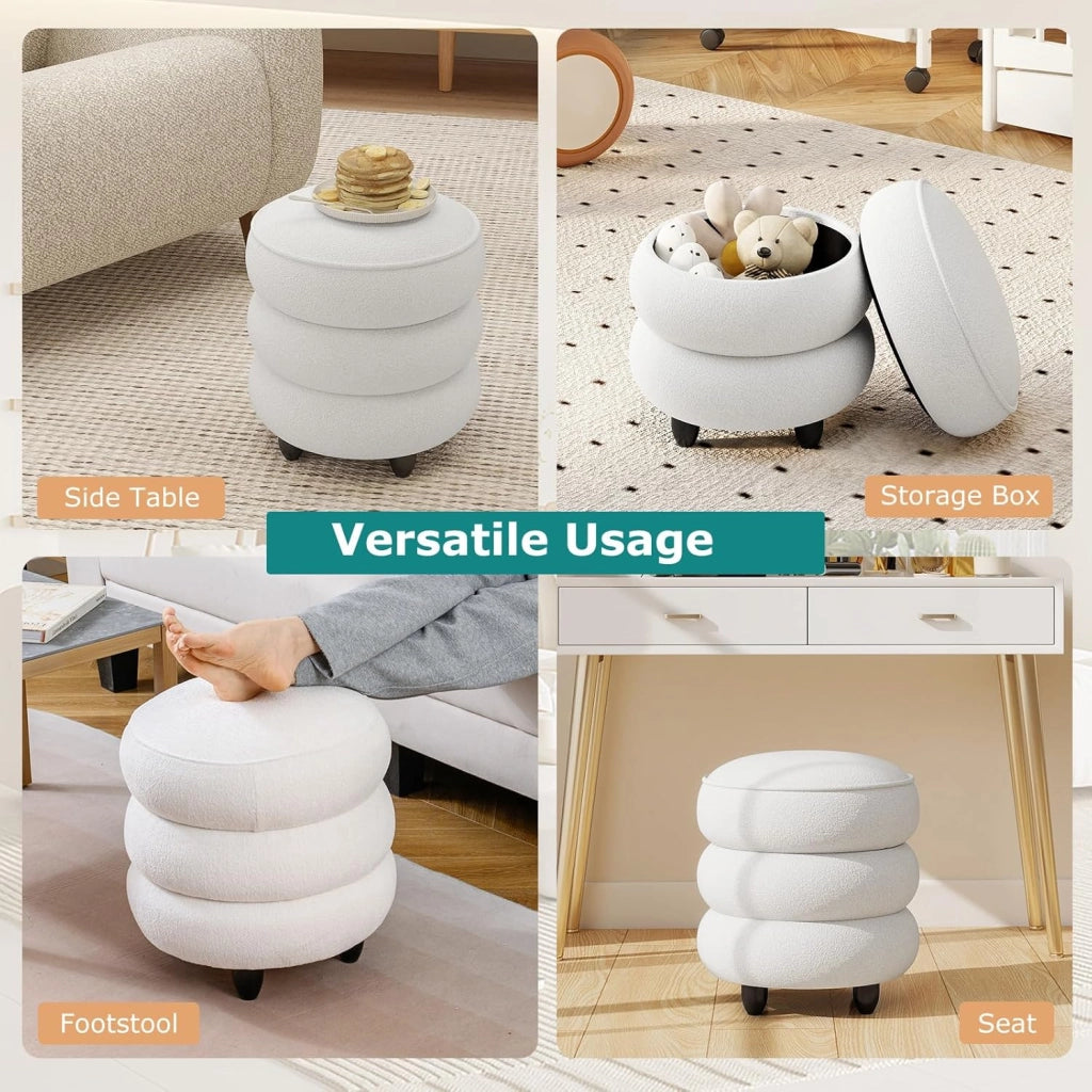 Pouf Contenitore con Coperchio Rimovibile, Pouf Rotondo in Ciniglia con Piedi in Legno di Gomma, Portata 150 Kg, Sgabello Contenitore Moderno per Soggiorno e Camera da Letto, 40,5 x 44,5 cm