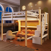 Letto a soppalco 140x200 cm con LED; scala contenitore e ringhiera; bianco e naturale