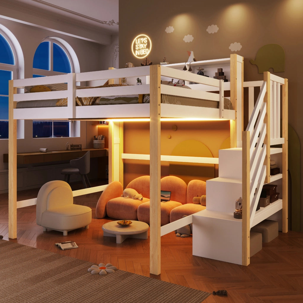 Letto a soppalco 140x200 cm con LED; scala contenitore e ringhiera; bianco e naturale