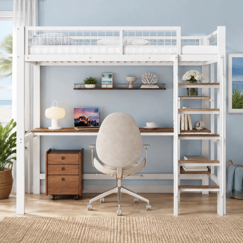 Letto a soppalco 90x200 cm con scrivania e ripiani; metallo e legno; bianco e naturale