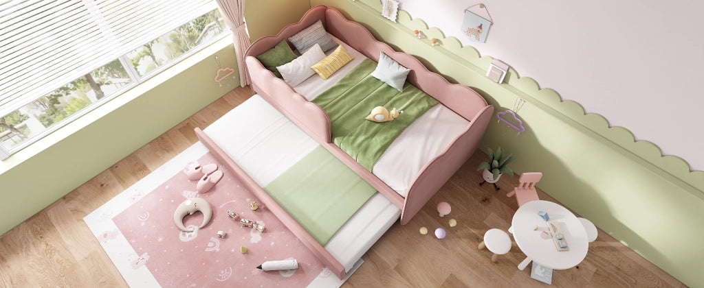 DESMIU Lit enfant 90 × 190 cm con letto estraibile, schienale imbottito, senza materasso, velluto rosa
