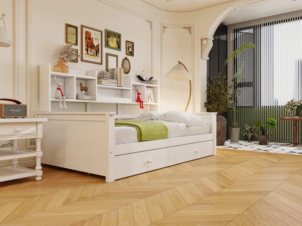 Divano letto singolo con 2 cassetti e vani portaoggetti in legno bianco per bambini e ragazzi 90 × 200 cm
