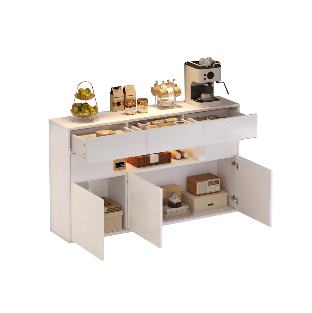 Credenza 140x30x82 cm con 3 cassetti e 5 vani; LED e finitura lucida in MDF bianca