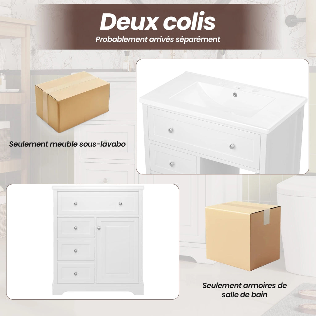 Mobile sottolavabo con lavabo in ceramica, 1 anta e 4 cassetti, finitura laccata, per bagno, bianco, 76 × 46 × 87 cm