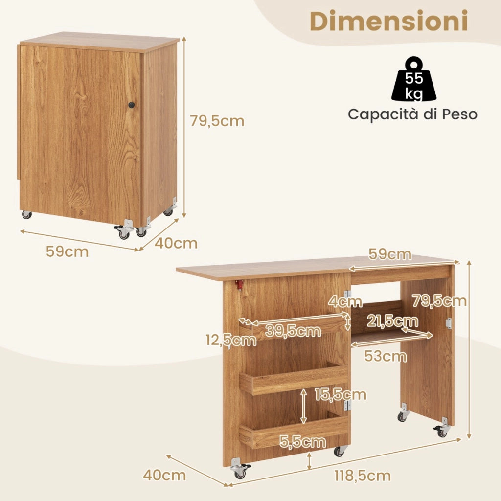 Carrello per artigianato con ripiano e contenitori per camera da letto, Tavolo da cucito pieghevole con stazione di ricarica Naturale-Scrivanie