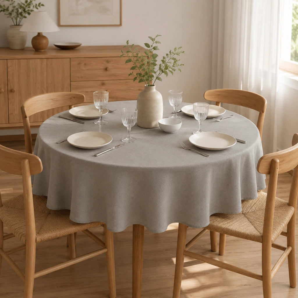 Tovaglia rotonda 160 cm colore grigio; tessuto effetto lino idrorepellente; lavabile in lavatrice; design moderno per tavolo da pranzo interno
