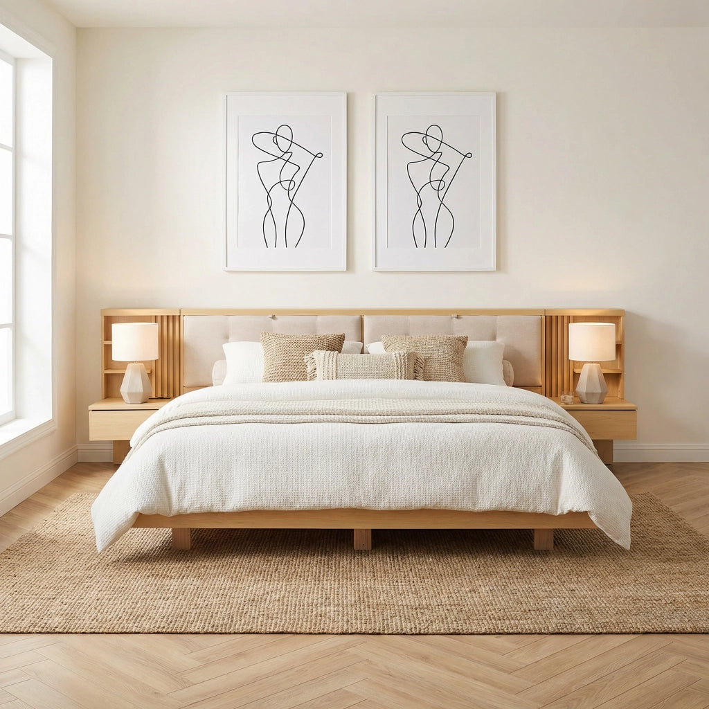 Letto flottante con testiera contenitore, USB e cassetti, 180x200 cm