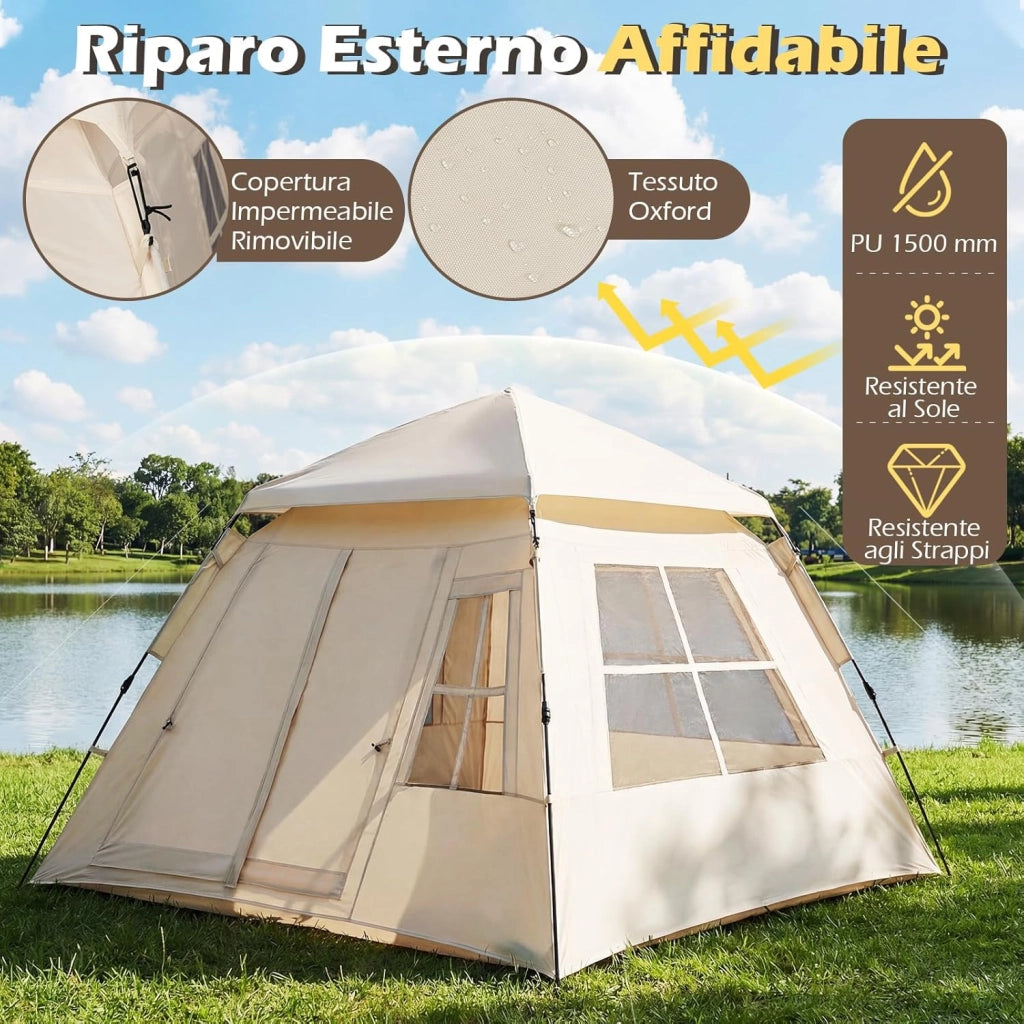 Tenda da Campeggio per 3-4 Persone, Tenda da Spiaggia Protezione Solare con Copertura Antipioggia Rimovibile, 2 Porte, 4 Finestre Traspiranti e Borsa per il Trasporto, Facile Installazione