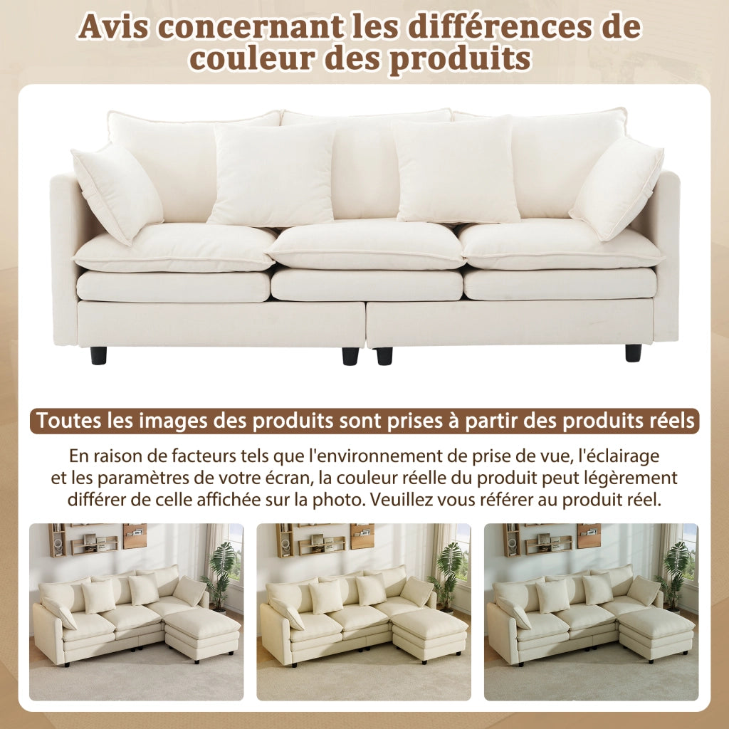 Divano angolare a L con chaise longue mobile, 3 posti, in tessuto chenille beige, 212¡Á150¡Á90 cm
