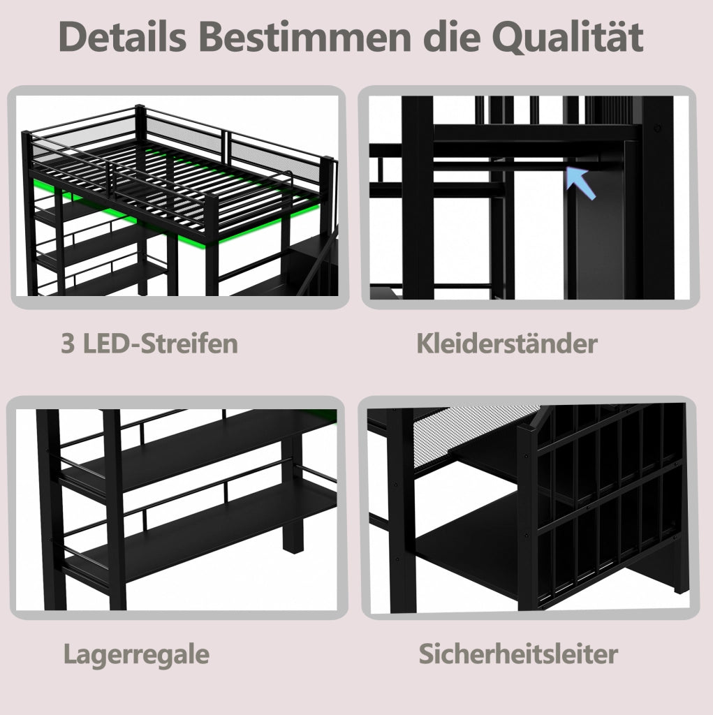 Letto a soppalco 90x200 cm con scrivania; scaffale; armadio; LED e presa; nero
