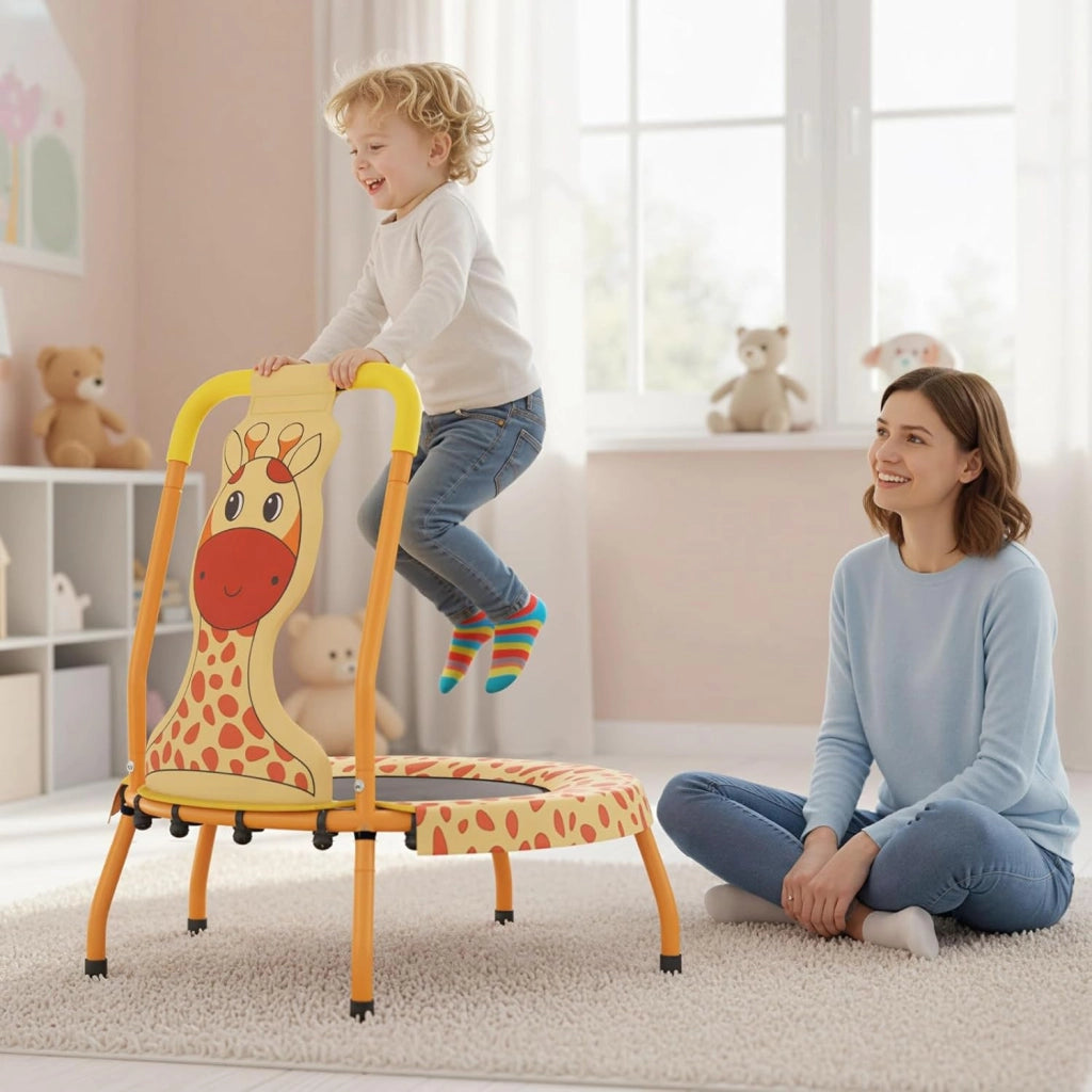 Mini Trampolino per Bambini, Tappetino Elastico da Esterno ed Interno con Maniglia Rivestita, Copertura Imbottita e Cuscinetti Antiscivolo, Salta Salta per Bambini 3-6 Anni