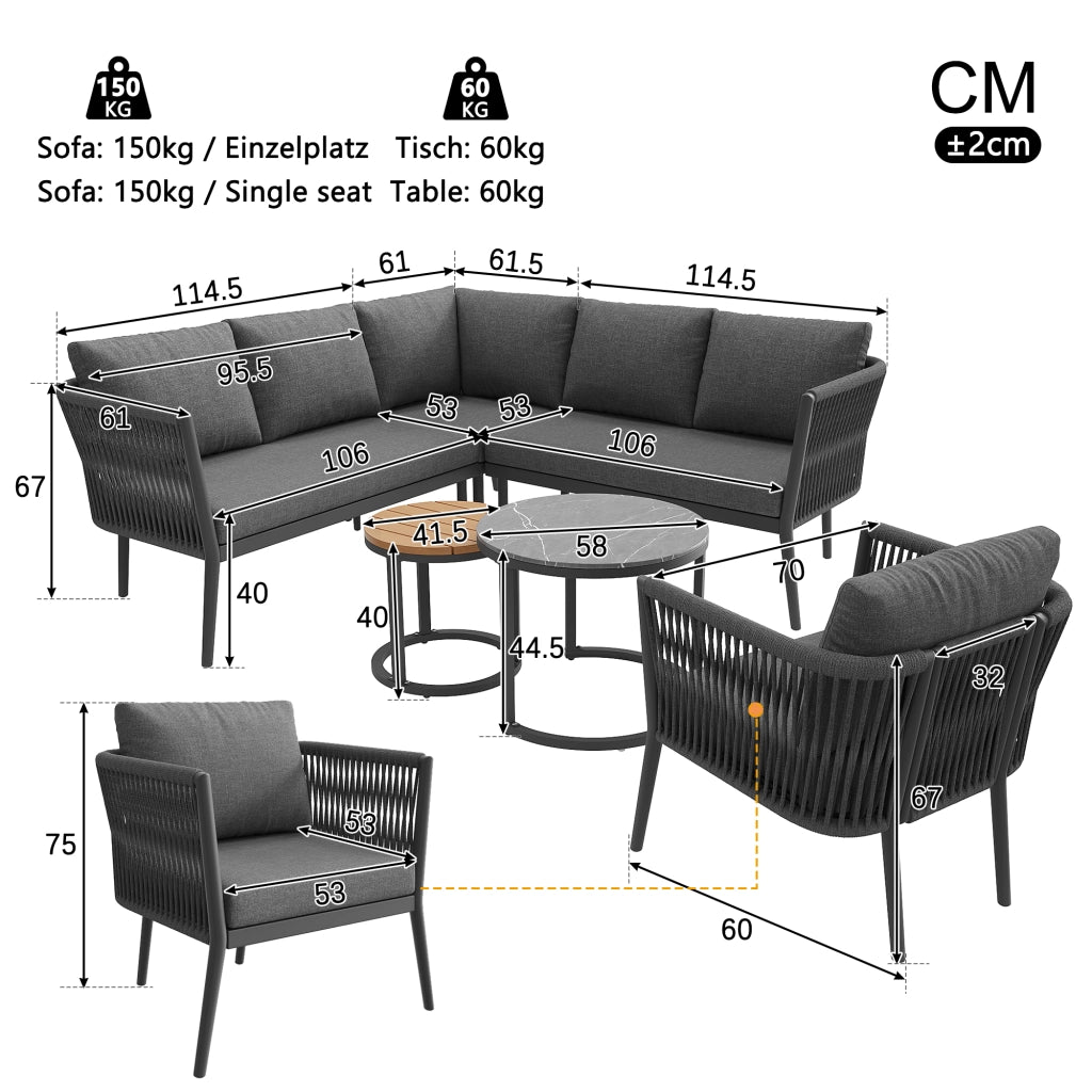 Mobili da Giardino con 2 Divani; 1 Poltrona; 1 Divano Angolare e 2 Tavoli; Metallo e Olefin; Grigio