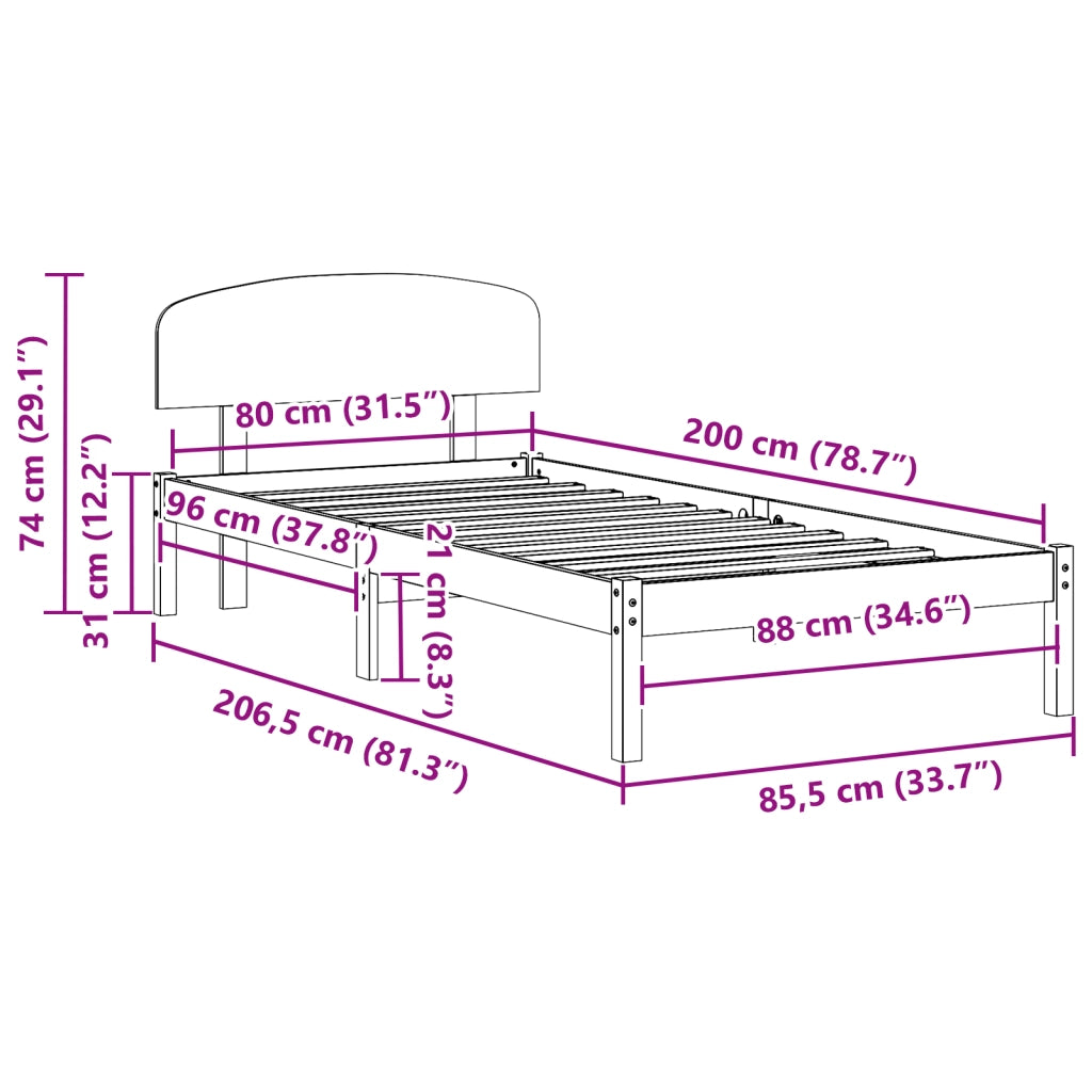 Struttura Letto con Testiera Bianca 80x200 cm Legno Massello di Pino