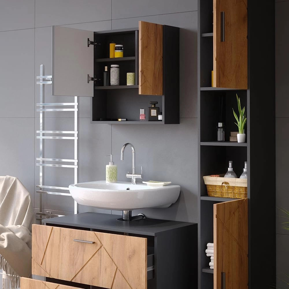 Set mobili bagno Irma, Quercia dorata/antracite, 80 cm, composto da mobile sottolavabo, specchiera e colonna alta