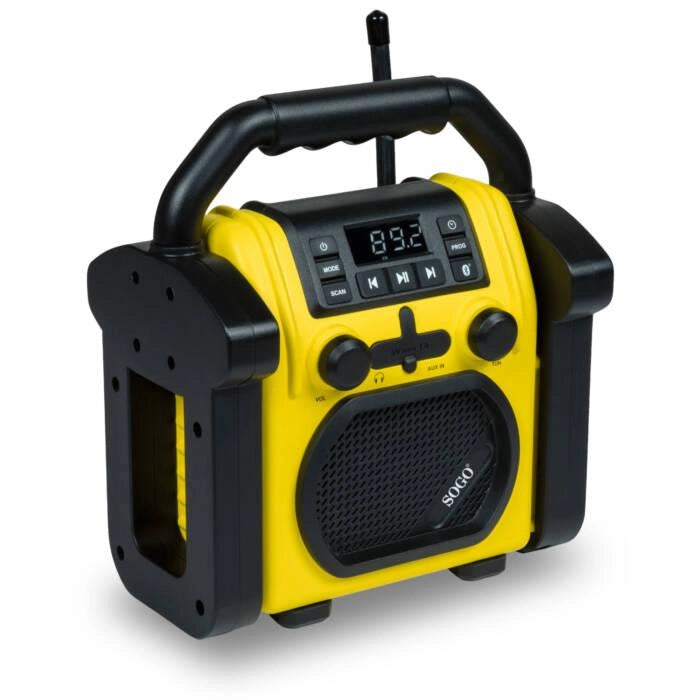 Radio da cantiere ricaricabile, Bluetooth 5.4, FM 87.5-108 MHz, batteria 2000mAh, 10h autonomia, protezione IPX54 - SOGO