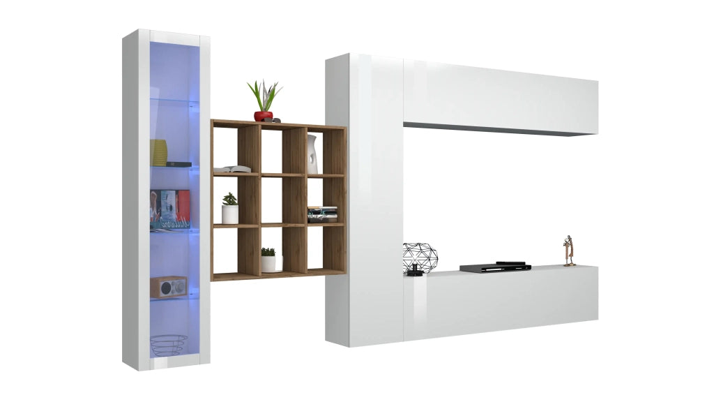Parete attrezzata mobile TV pensile bianco libreria vetrina Femir WH
