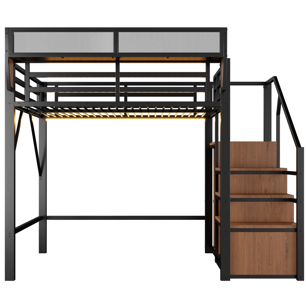 Letto a soppalco ULEVR 140x200 cm con scala di sicurezza, ripiano regolabile e striscia LED multicolore, nero