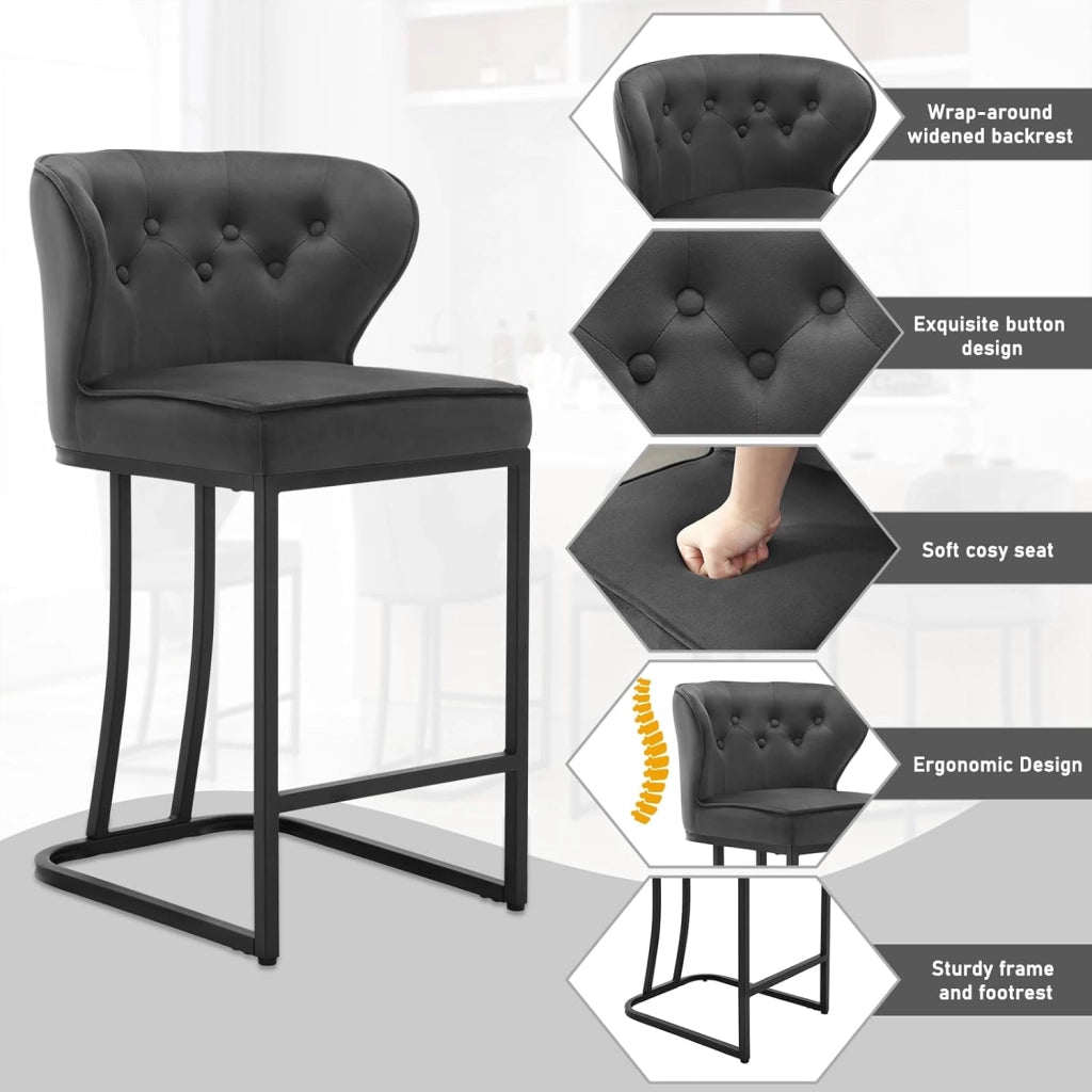 Set di 4 Sgabelli da Bar con Schienale, Sedie Sala da Pranzo con Poggiapiedi, Sedie Ergonomica per Cucina, Camera da Letto, Sgabelli in Velluto e Gambe in Metallo, Grigio Scuro, BH383dgr-4