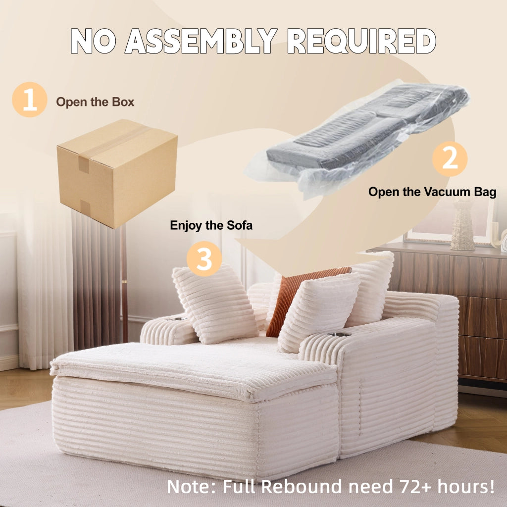 Divano Convertibile Senza Struttura con Chaise Longue, 3 Cuscini e Portabicchieri in Velluto a Coste Beige