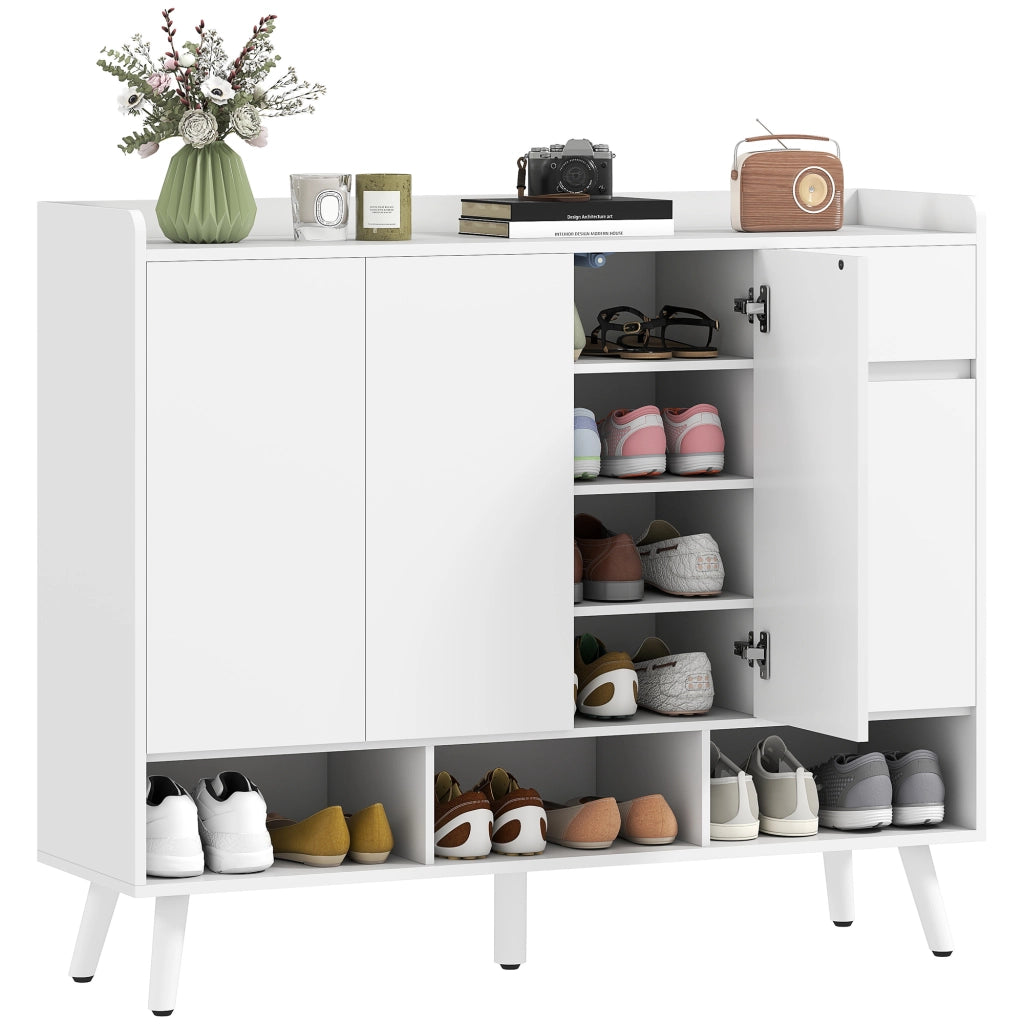 Scarpiera MDF bianca 120×35×100 cm, ante push‑open, ripiani regolabili, cassetto, kit antiribaltamento per ingresso
