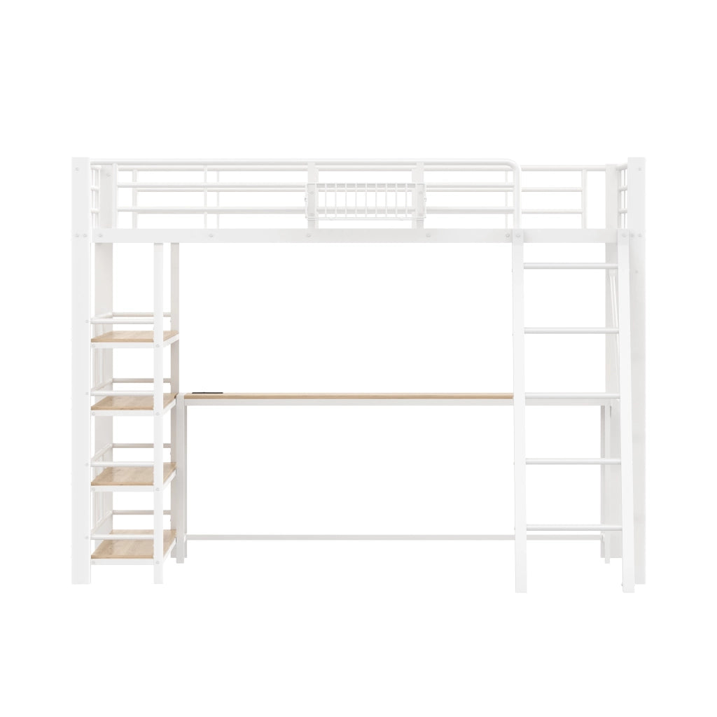 Letto a soppalco 140 × 200 cm con scrivania integrata, 4 ripiani, LED e USB, senza materasso, bianco