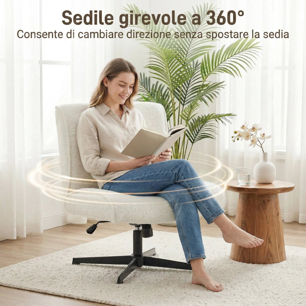 Poltrona da Salotto Girevole 360¡ã. Altezza regolabile in Velluto a Goccia Senza Braccioli. Crema