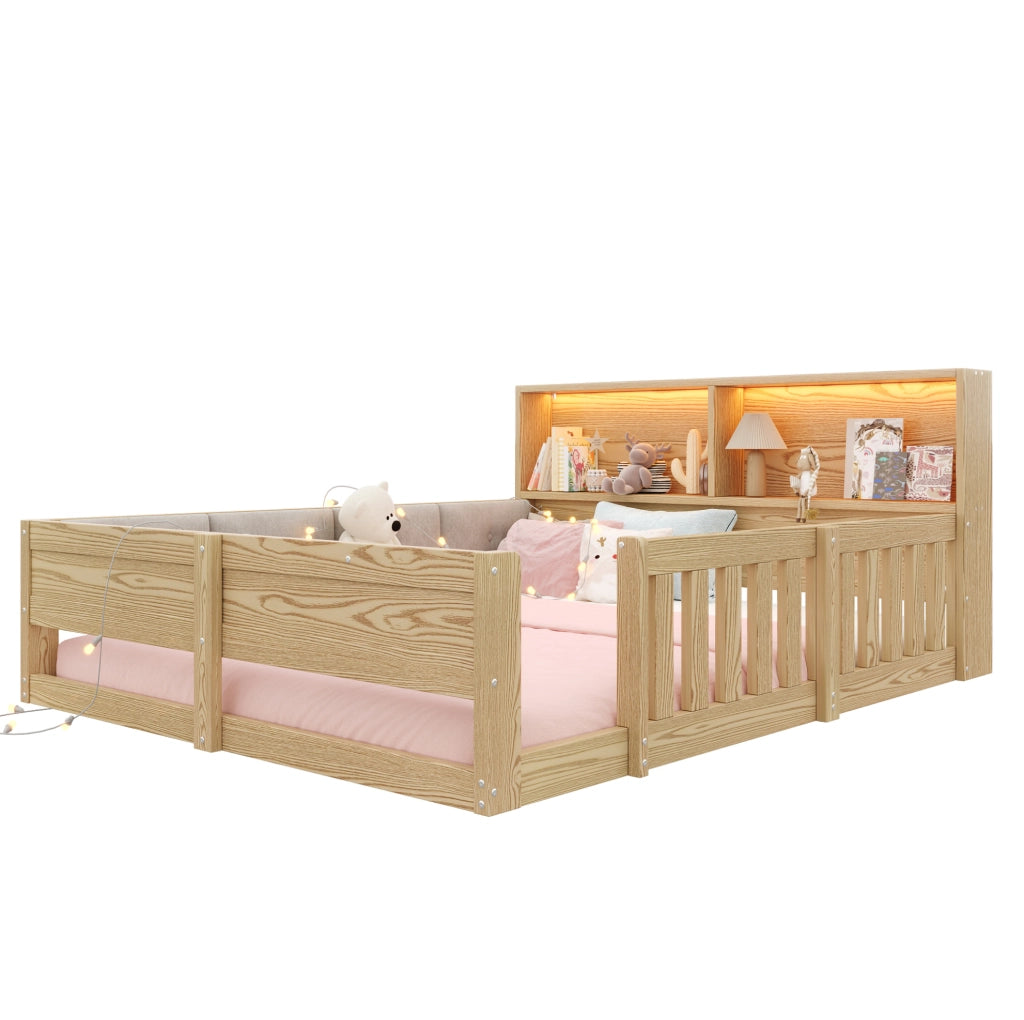 Letto per bambini 140 x 200 cm con sponde, LED e contenitore