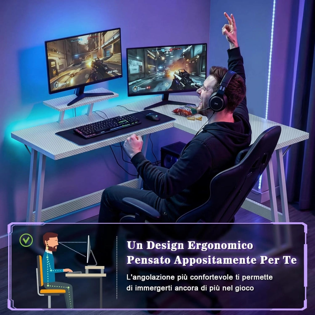 Scrivania per Computer 120 x 120 cm con Supporto per Schermo, Tavolo per Computer Ad Angolo, A Forma Di L, per Studiare, Giocare E Lavorare, In Carbonio Bianco