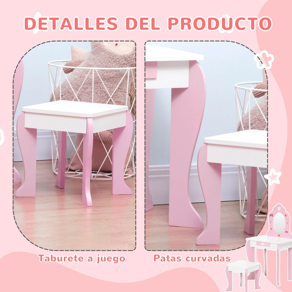 Toeletta bambini con sgabello e specchio ¨C Xylo ¨C legno rosa 50x36,5x89,5cm 3-6 anni