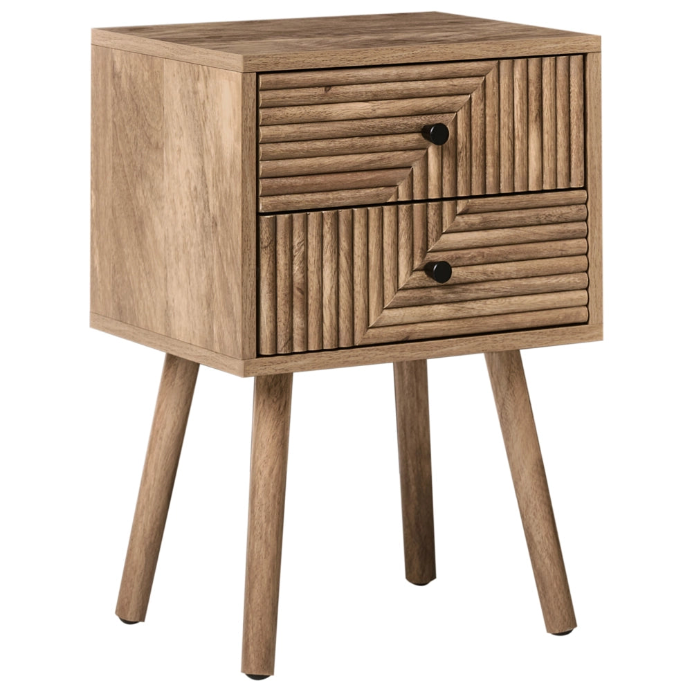 Comodino marrone chiaro in MDF con gambe in legno di pino e 2 cassetti Tavolino moderno