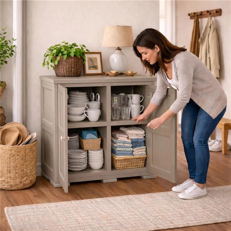 ARMADIO 2 ANTE TAUPE 79X43X85,5 CM CON 4 SCOMPARTI – MOBILE CONTENITORE COMPATTO PER ZONA GIORNO E INGRESSO