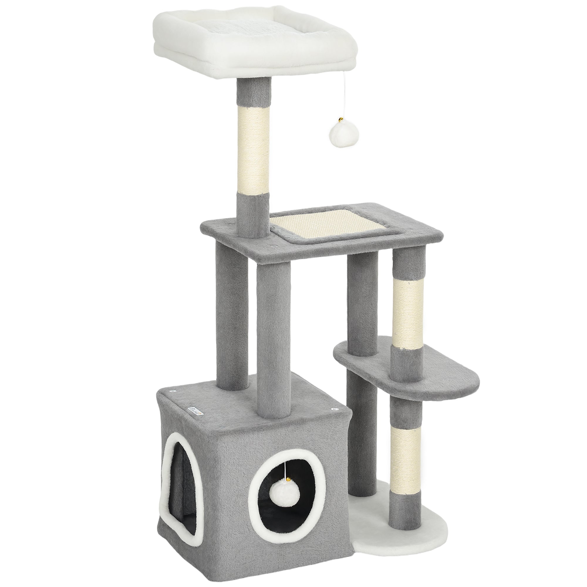 Albero Tiragraffi per Gatti con Casetta e 2 Palline 55x40x107cm Grigio e Bianco