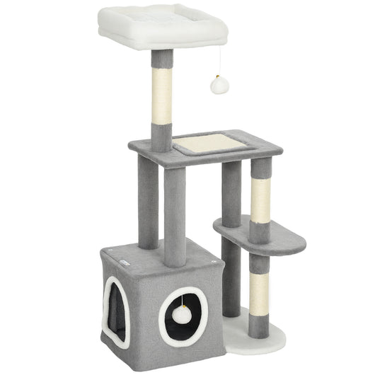 Albero Tiragraffi per Gatti con Casetta e 2 Palline 55x40x107cm Grigio e Bianco