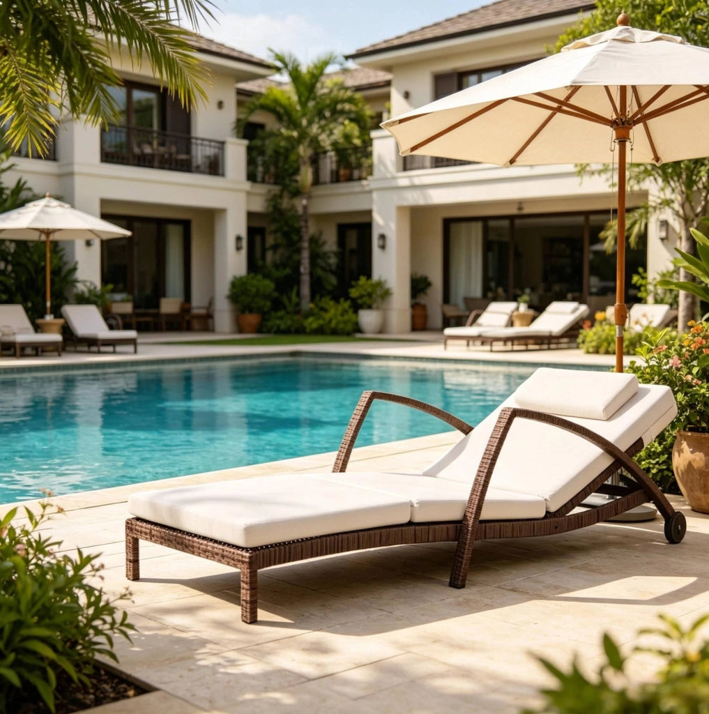 Chaise longue da giardino con ruote e schienale reclinabile a 5 posizioni; beige e marrone