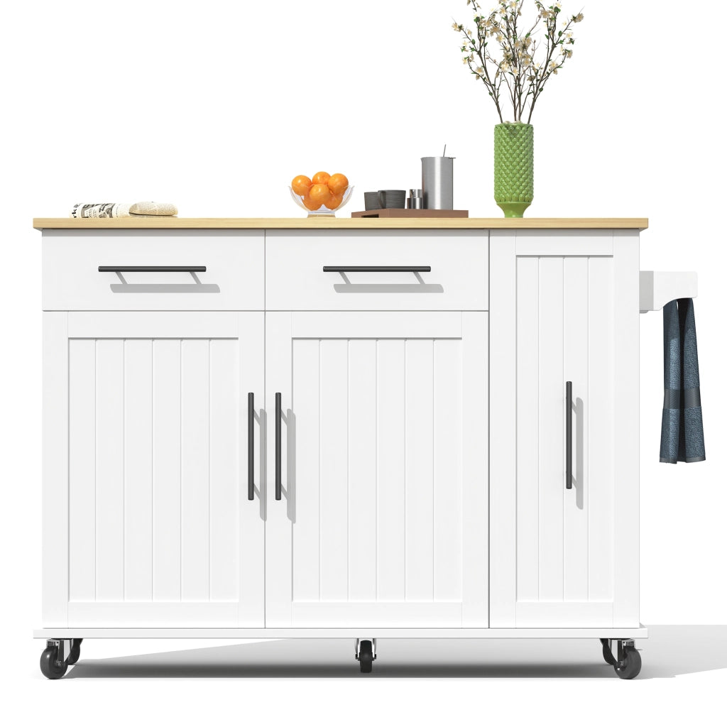 Isola da Cucina Mobile 120x40/65x90 cm Bianca e Legno con Organizer Estraibile, 2 Cassetti e 5 Ruote