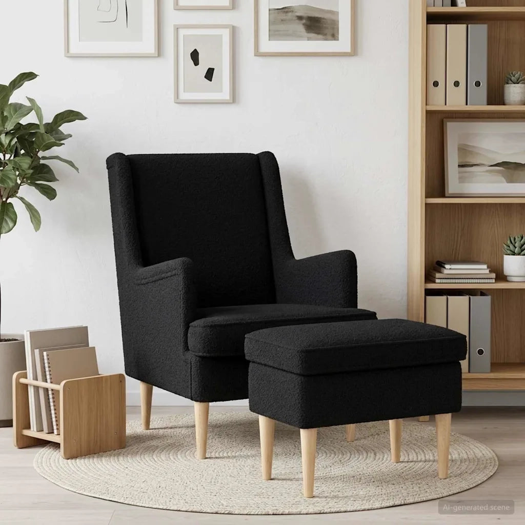 Poltrona con Ottomano 2 pz Nero Bouclé 3418841